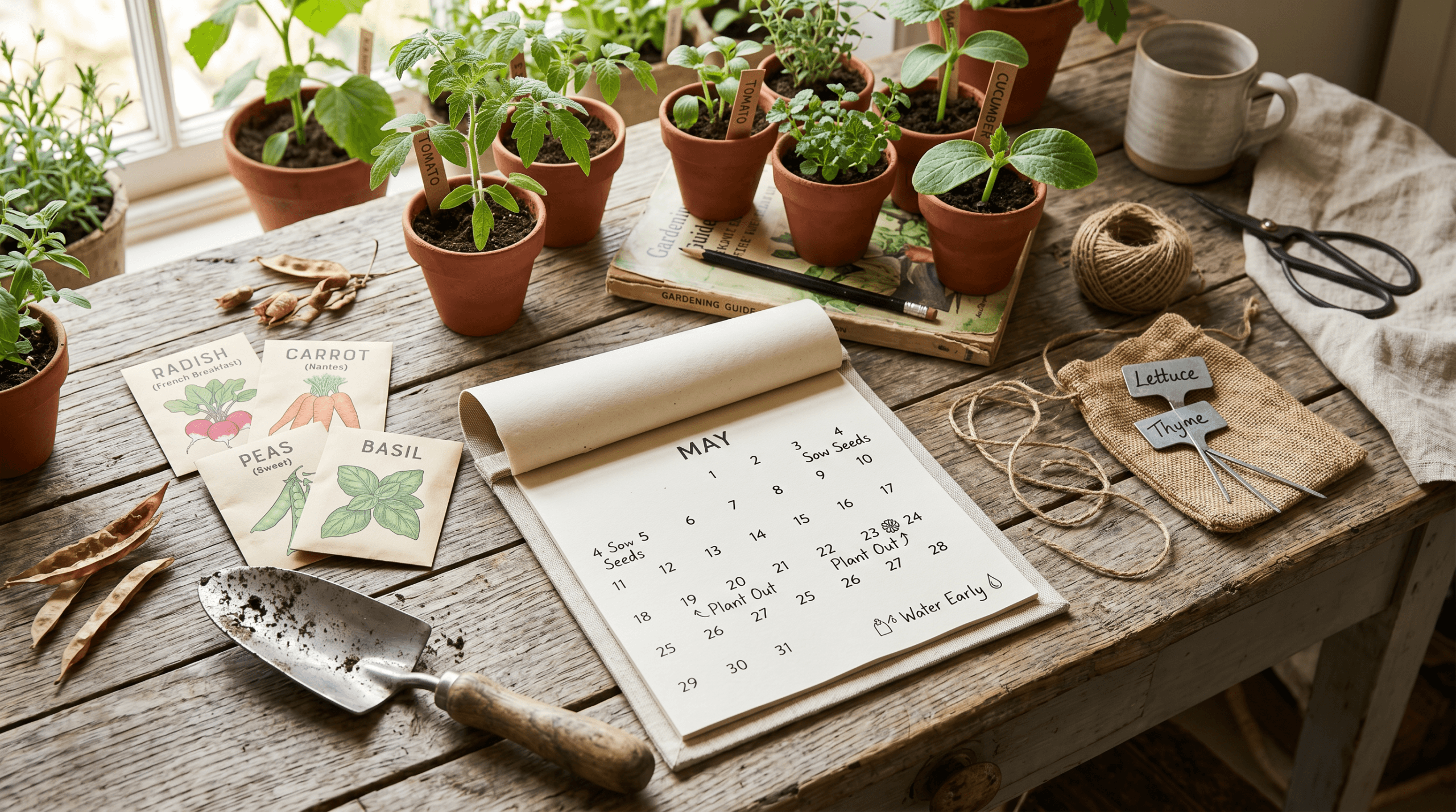 Garden planting calendar with seed packets and seedlings