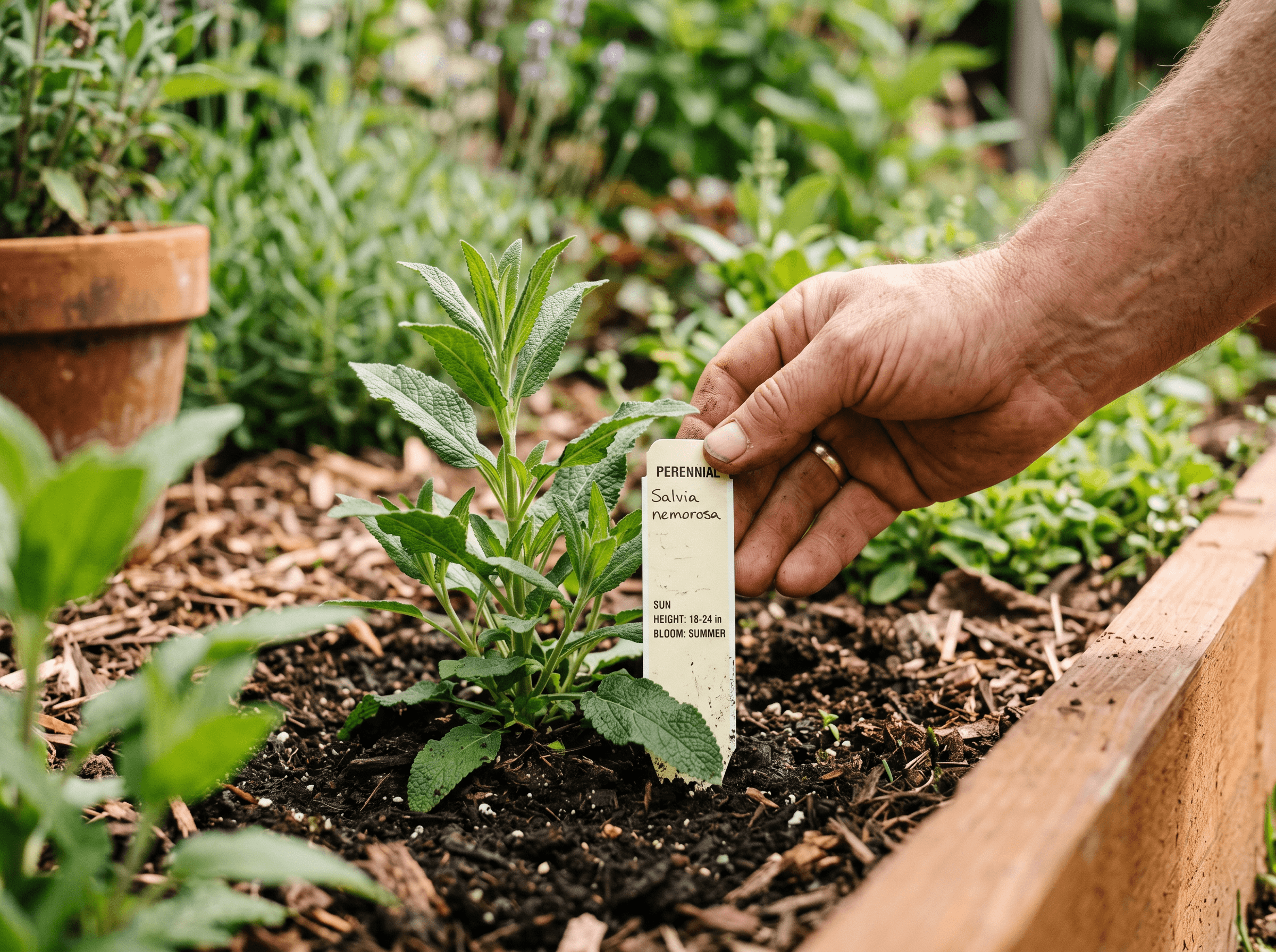 Gardener checking a plant hardiness zone label