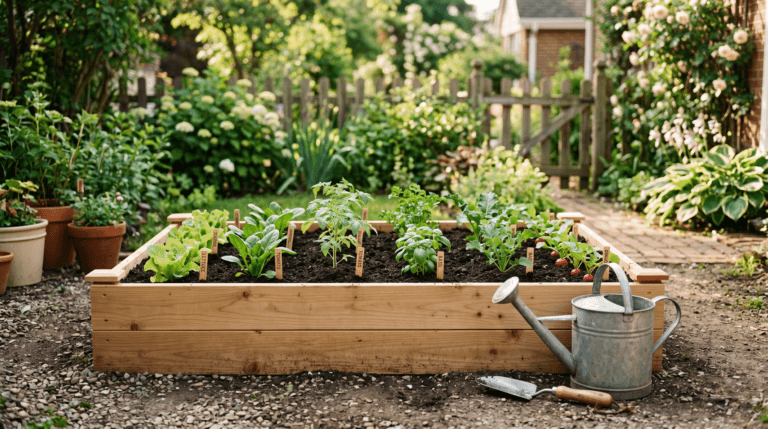 Beginner backyard vegetable garden with a raised bed and seedlings