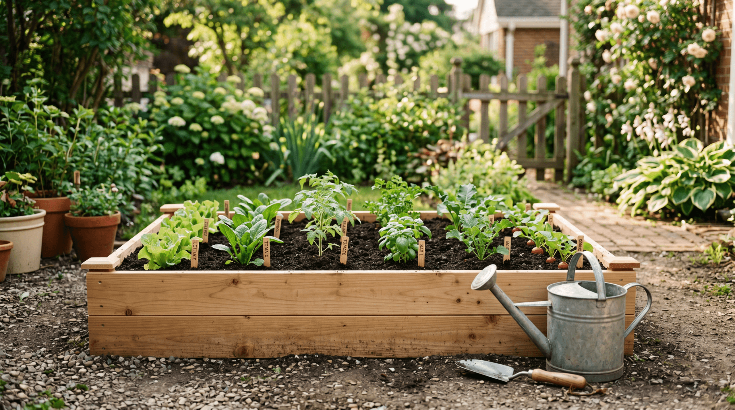 Beginner backyard vegetable garden with a raised bed and seedlings