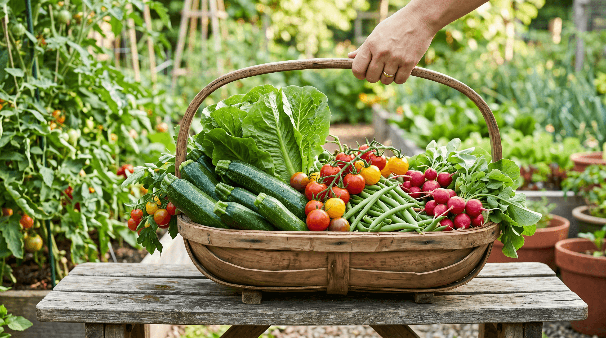 Harvest basket full of easy-to-grow vegetables