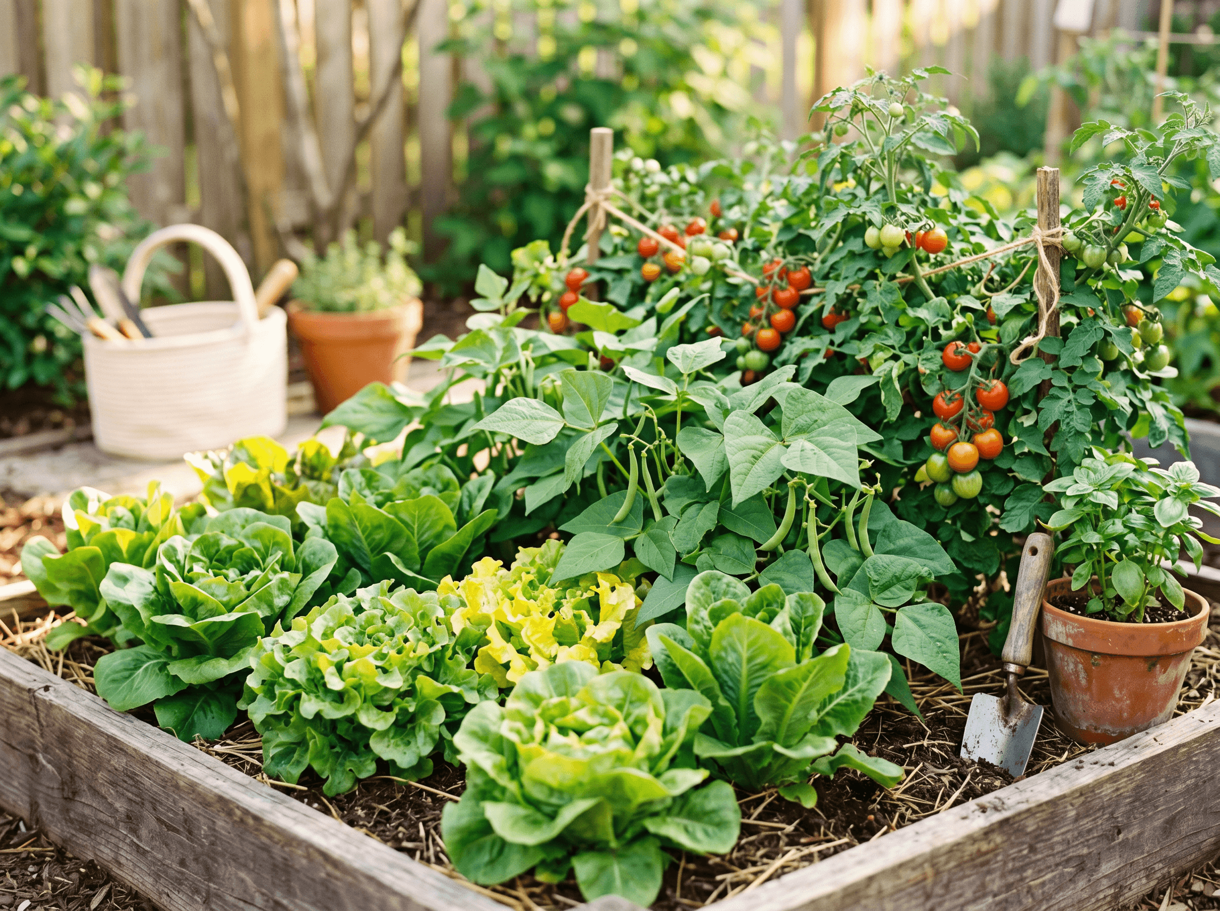 Healthy beginner vegetables growing in a garden bed