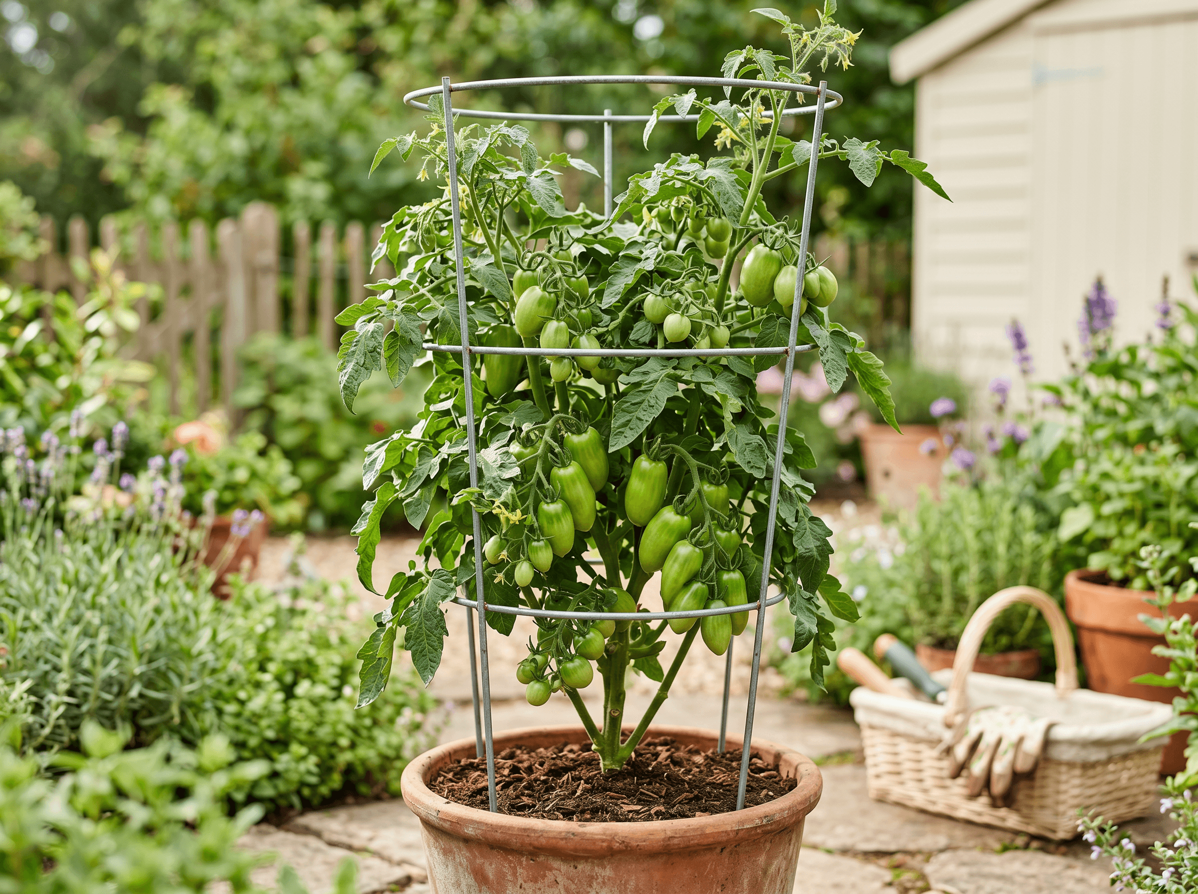 Planting a tomato seedling deep in a raised bed