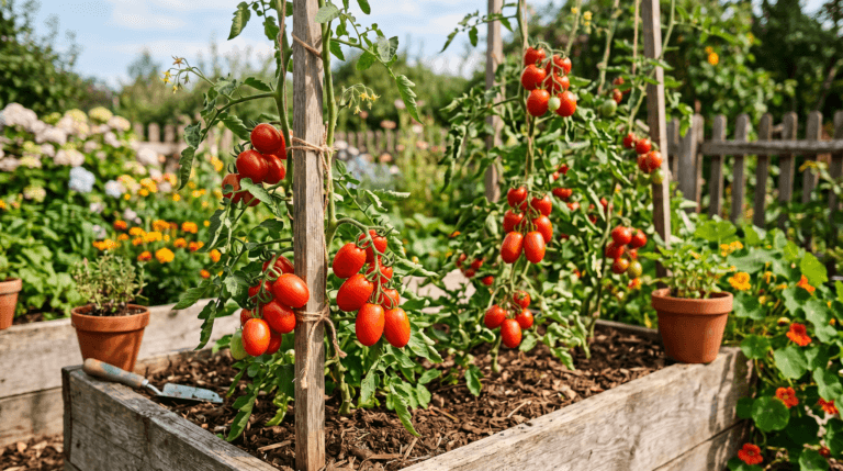 Ripe tomatoes growing on staked vines in a raised bed