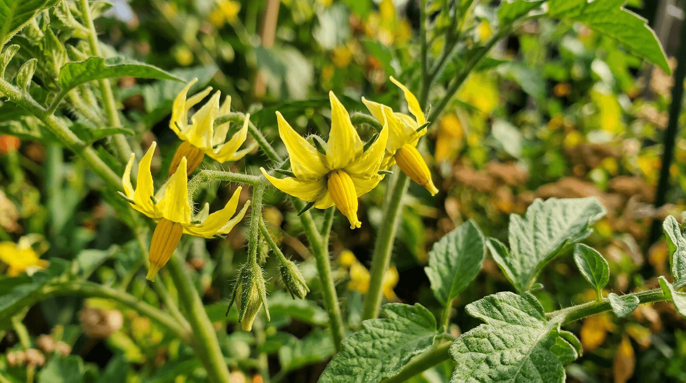 Healthy tomato flowers with correct anatomy showing reflexed petals and anther cone