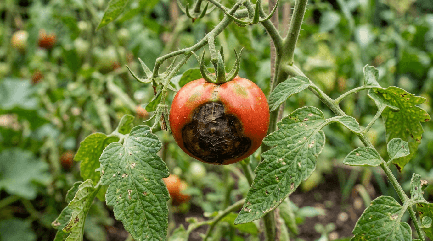 Tomato with blossom end rot on the bottom