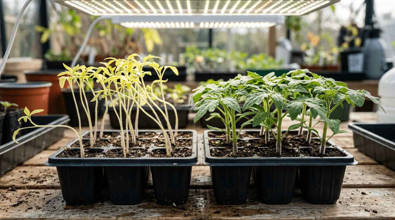 Leggy stretched seedlings compared to healthy stocky seedlings