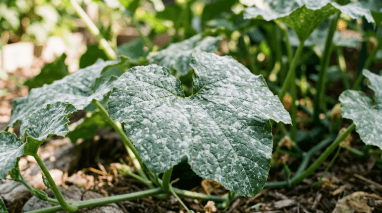 Squash leaves covered in white powdery mildew