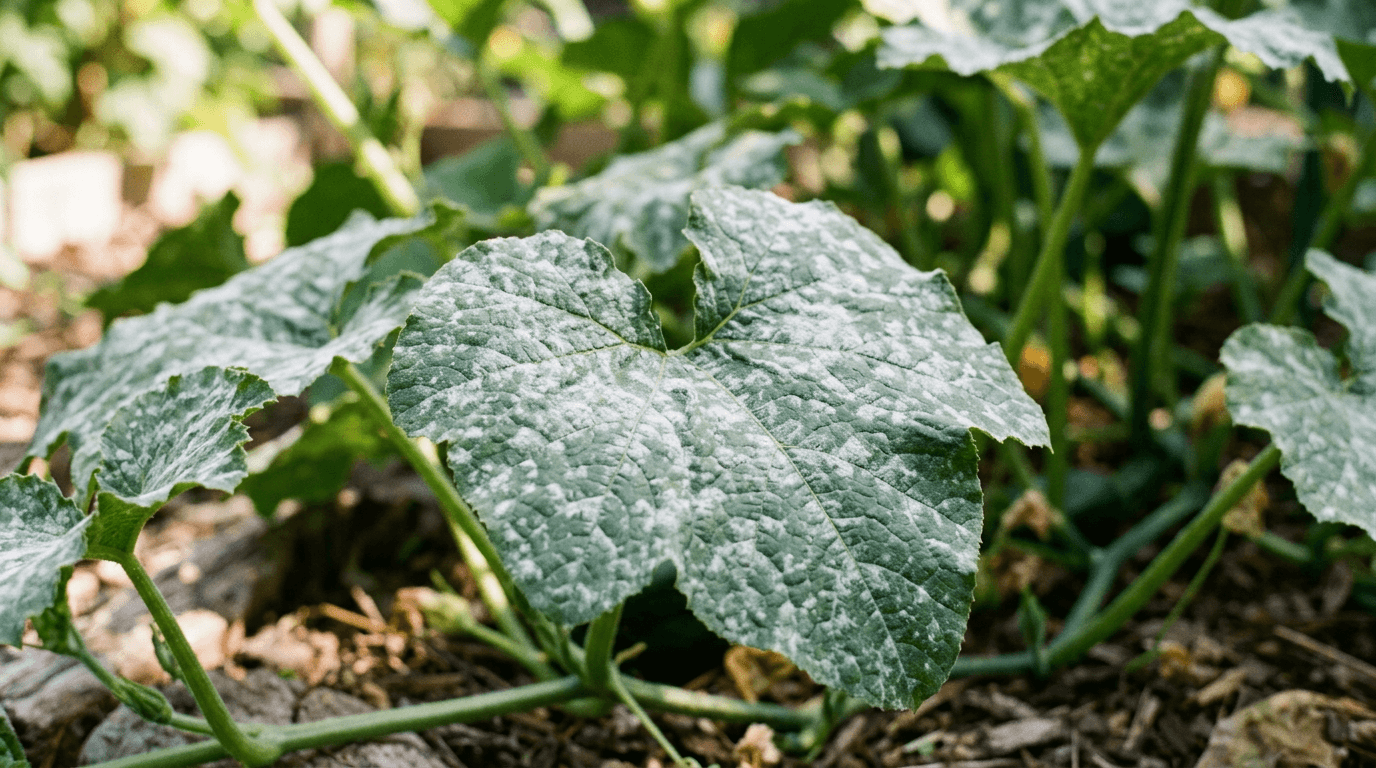 Squash leaves covered in white powdery mildew