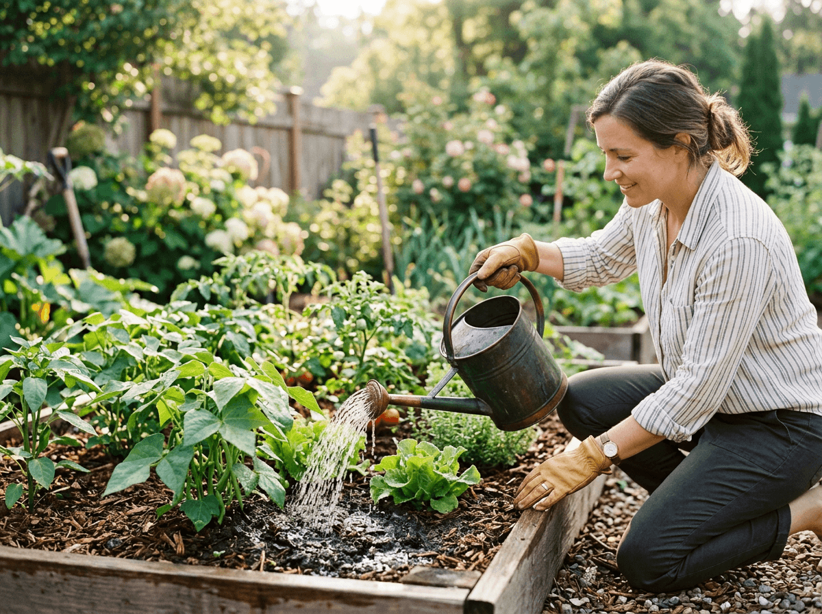 Watering a garden bed at the base of plants in the morning