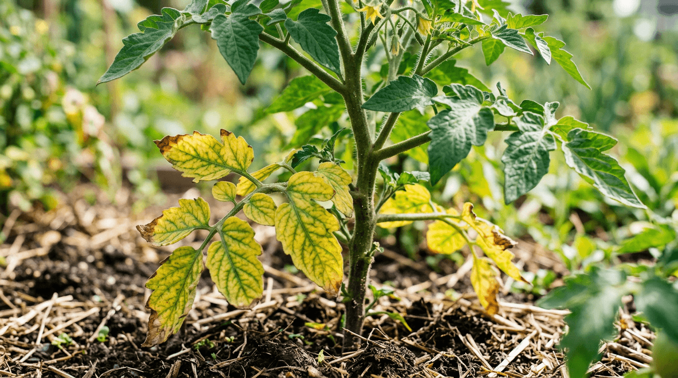 Tomato plant with yellowing lower leaves