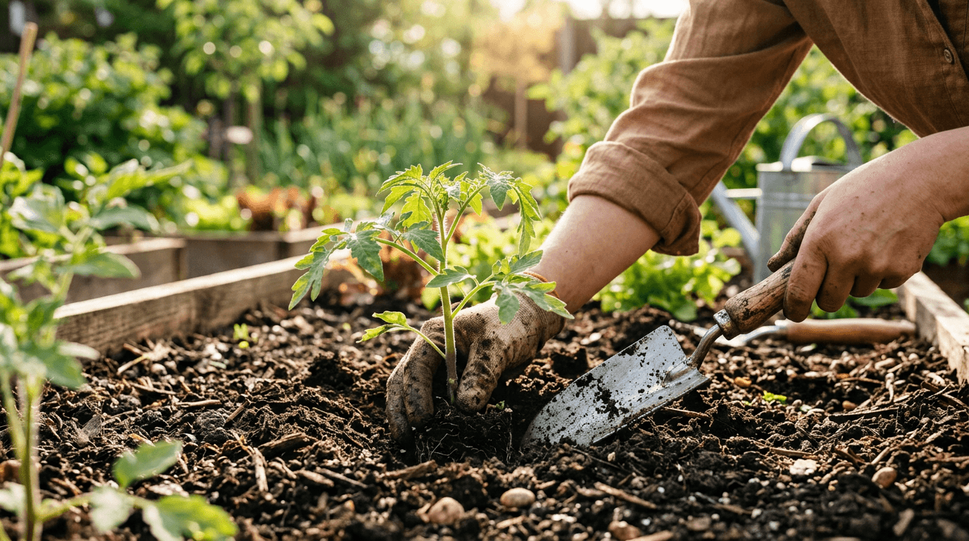 Planting a tomato seedling in a sunny spring garden