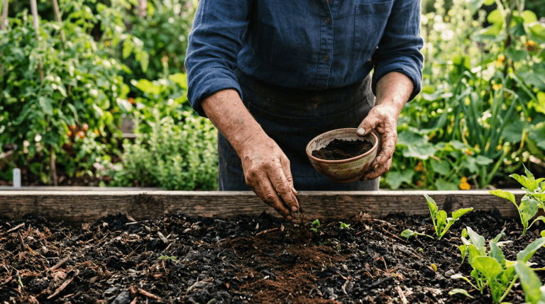 Gardener sprinkling used coffee grounds over compost in a raised bed