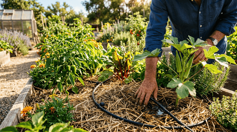 Gardener checking soil moisture in a mulched drought-tolerant vegetable bed with drip irrigation