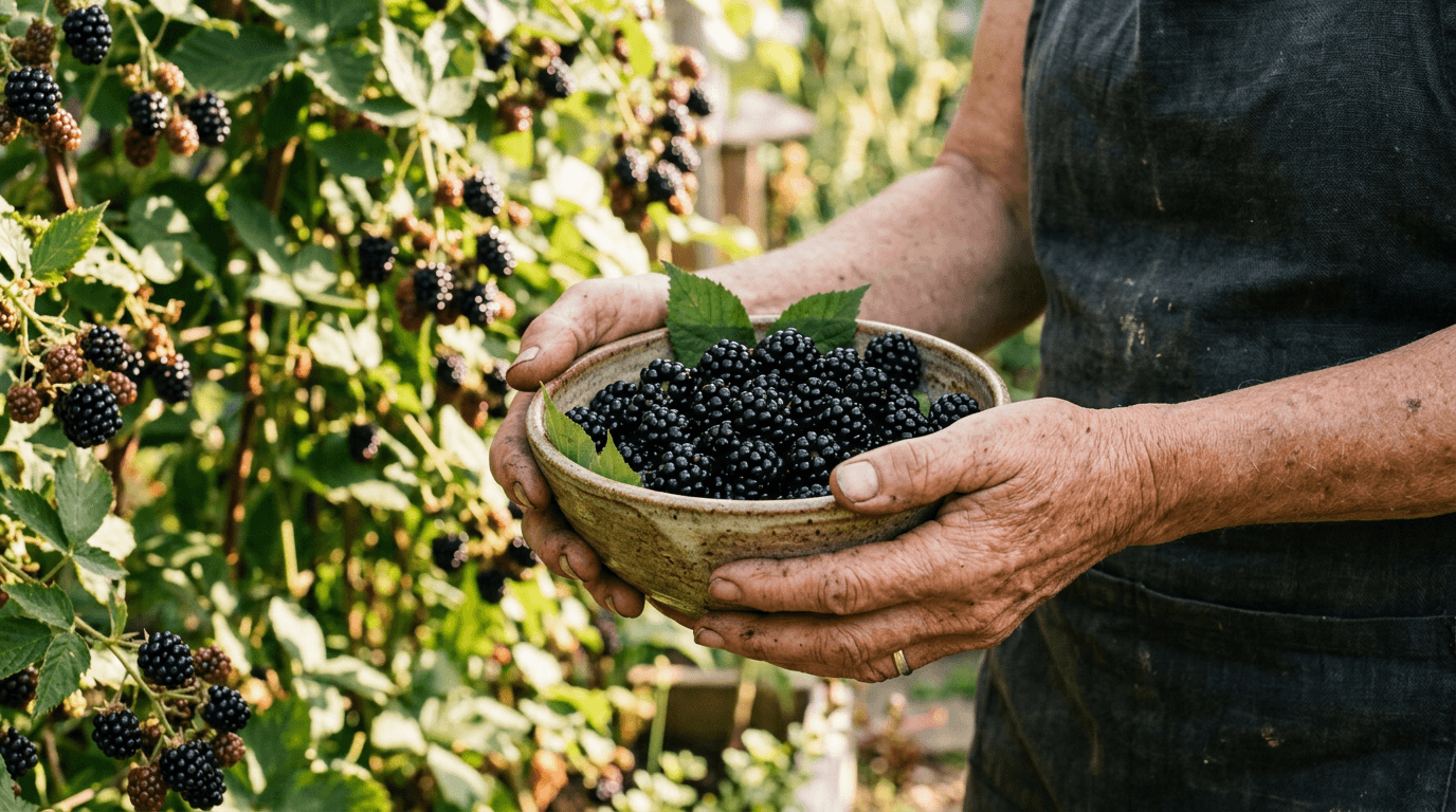 Gardener holding a bowl of freshly picked blackberries by a trellised row