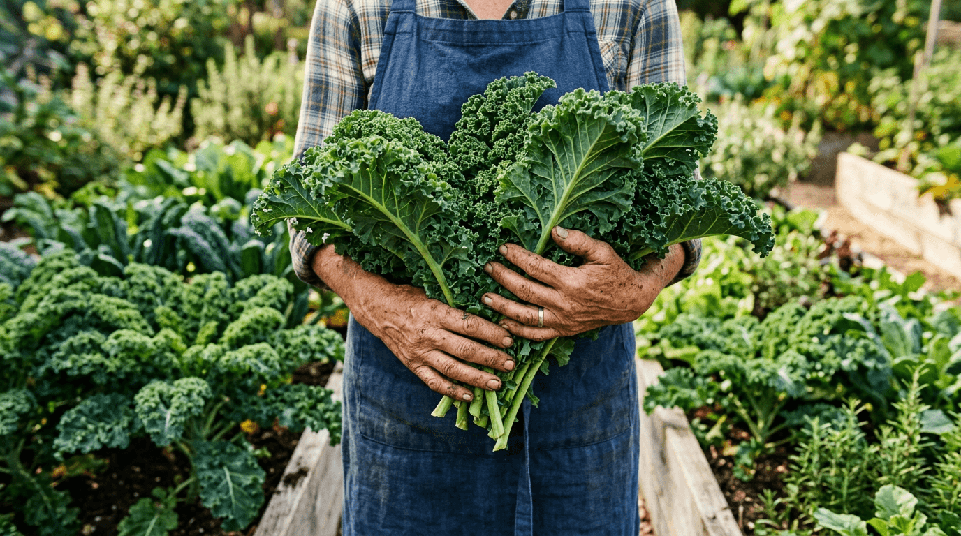 Gardener holding a bunch of freshly harvested curly kale