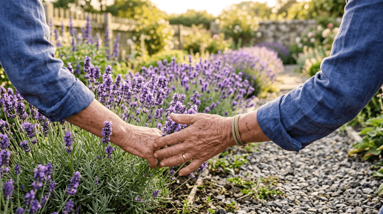 Gardener touching blooming lavender in a garden bed
