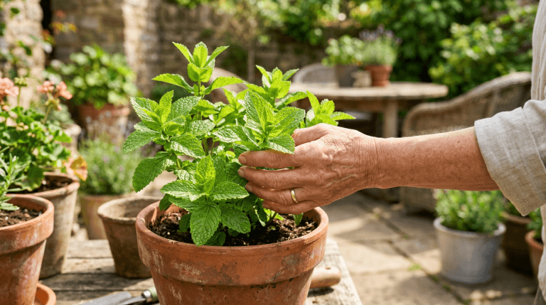 Gardener tending a mint plant in a terracotta container