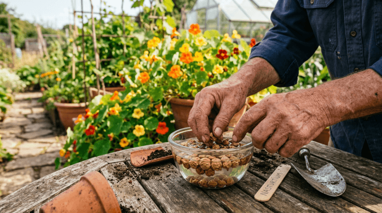 Gardener soaking nasturtium seeds with blooming flowers in background