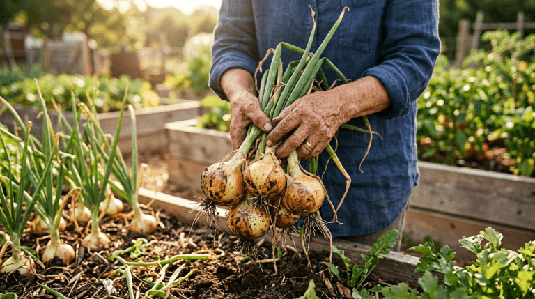 Gardener holding freshly harvested yellow onions with green tops