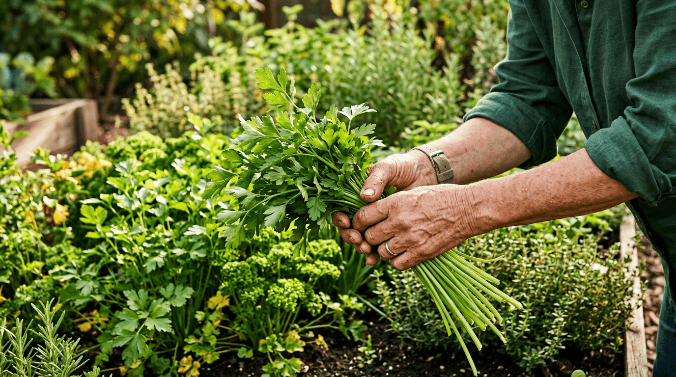 Gardener holding a fresh bunch of harvested parsley