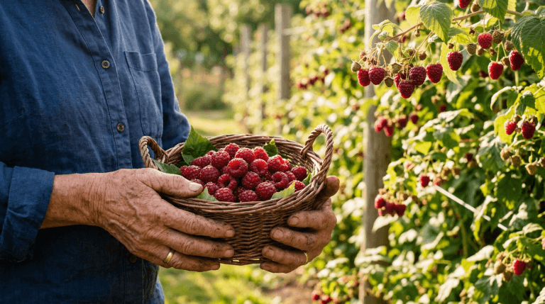 Gardener holding a basket of freshly picked raspberries by a trellised row
