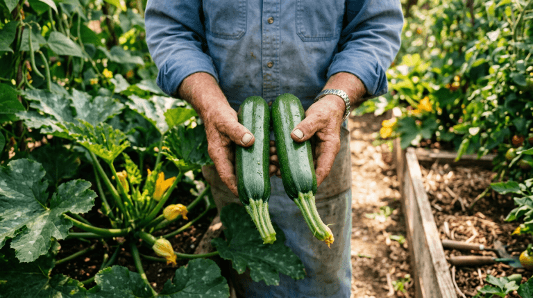 Gardener holding two freshly harvested zucchini squash