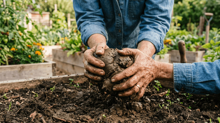 Gardener squeezing a ball of heavy clay soil in a garden bed