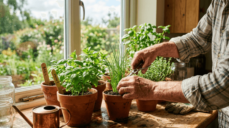 Gardener tending potted herbs on a sunny kitchen windowsill