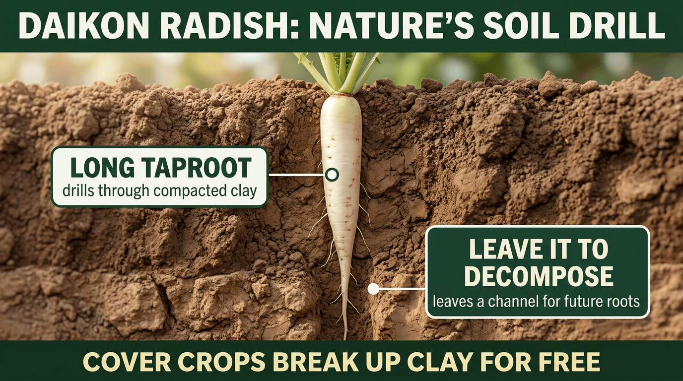 Daikon radish taproot breaking through compacted clay soil