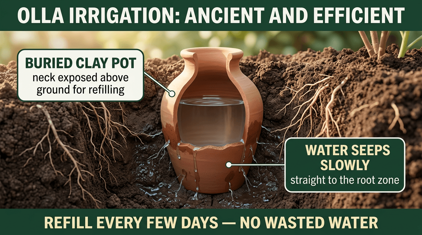 Olla irrigation cross-section - buried clay pot seeping water to roots