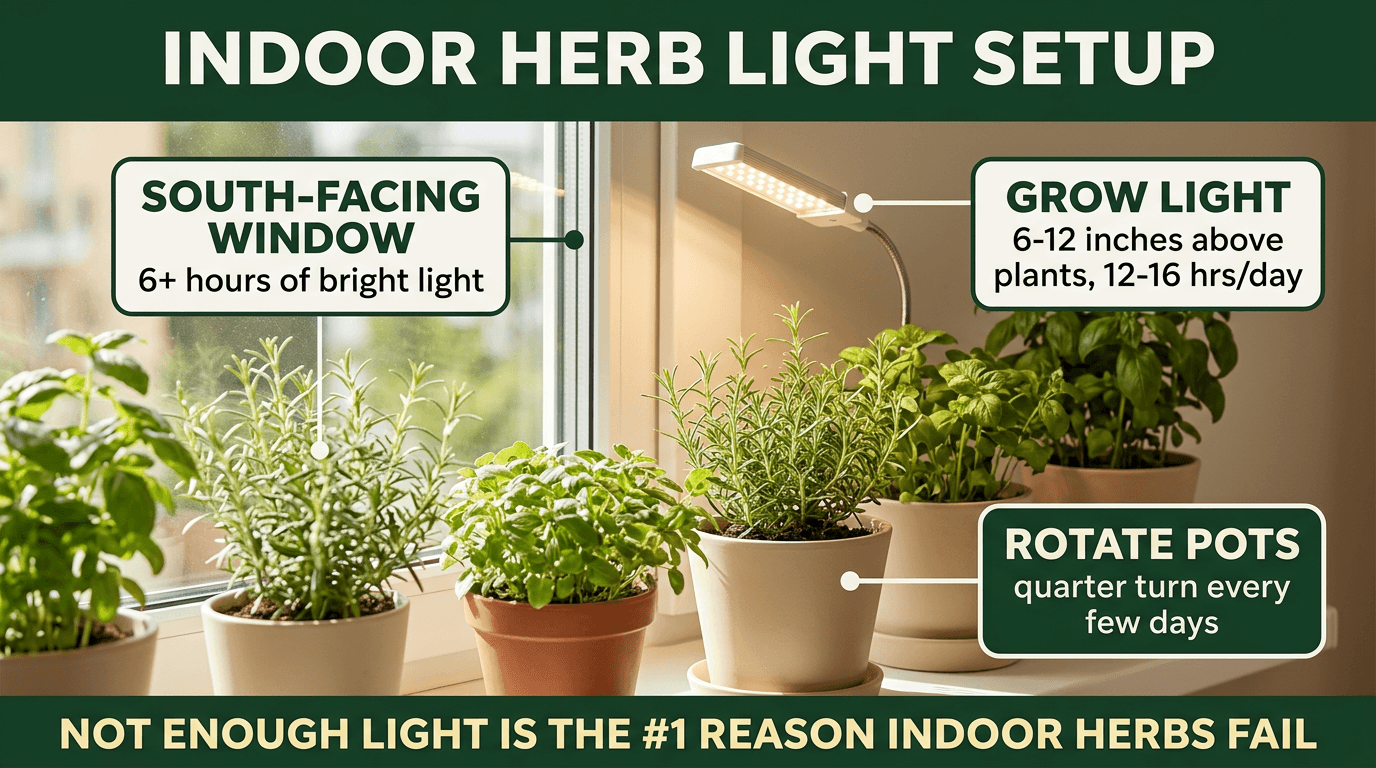 Indoor herb light setup - south-facing window and grow light