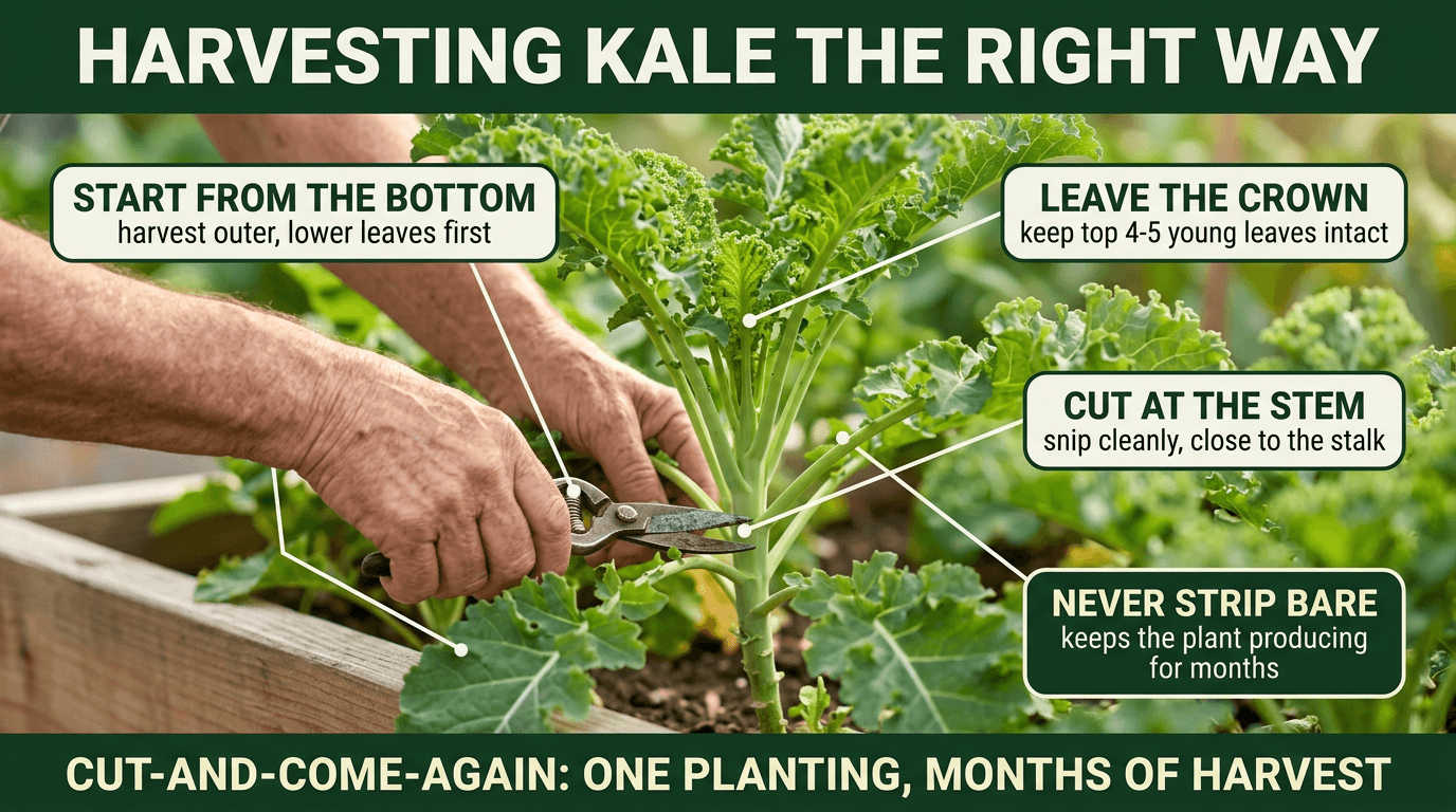 How to harvest kale - cut outer leaves, leave the crown intact