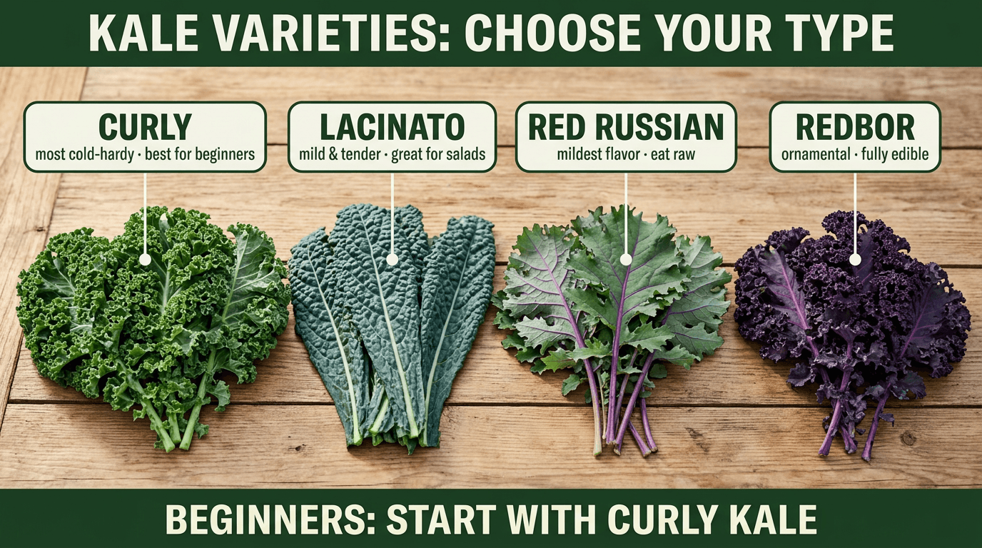 Kale variety comparison: Curly, Lacinato, Red Russian, Redbor