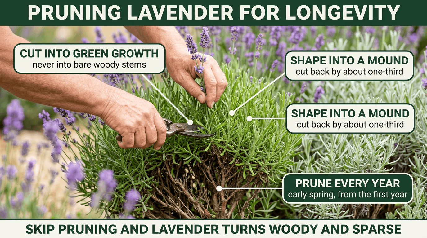 How to prune lavender for longevity - cut into green growth, shape into mound
