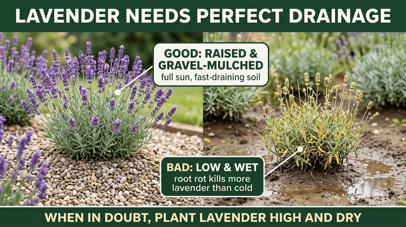Lavender needs perfect drainage - good raised gravel site vs bad wet low site