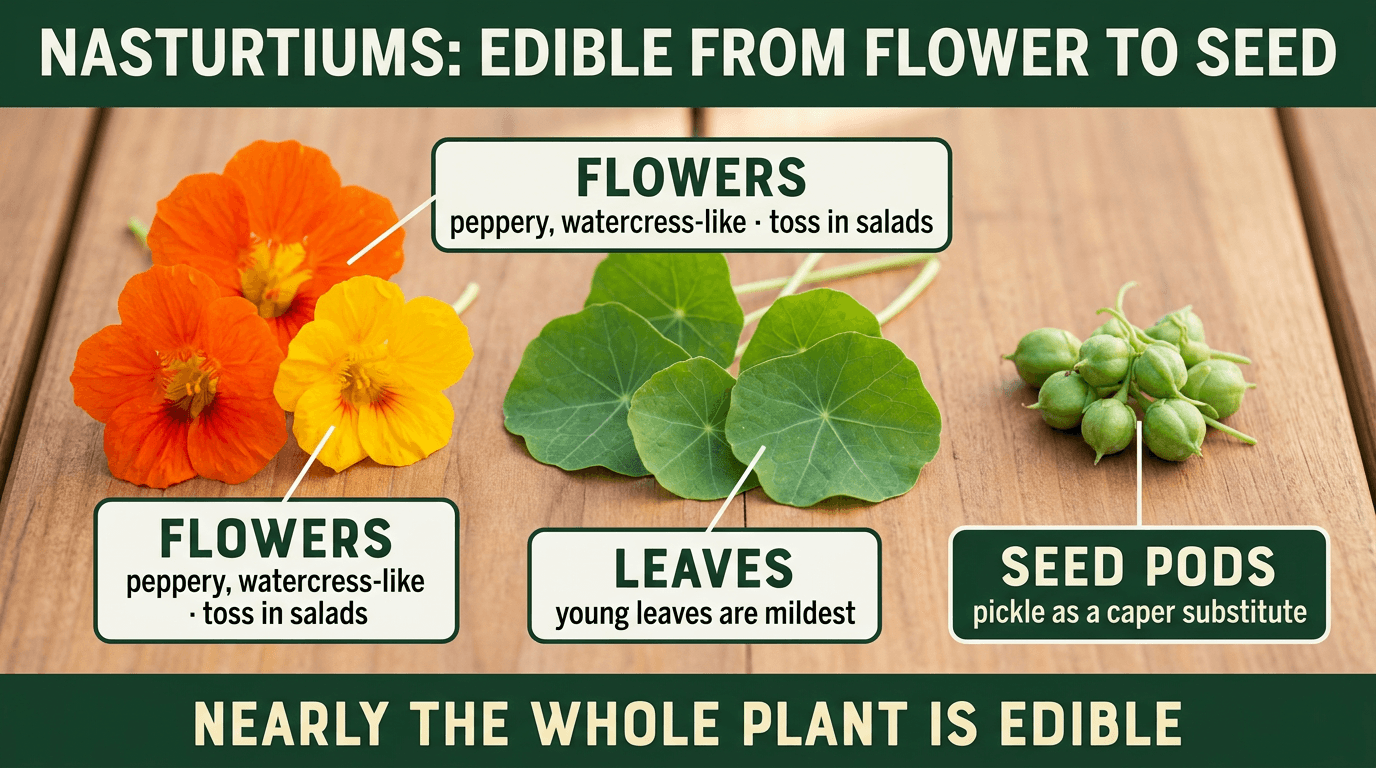 Edible parts of nasturtium - flowers, leaves, seed pods