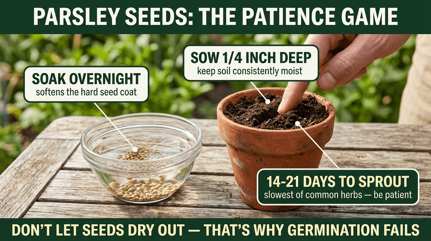 Parsley seed soaking and sowing guide - 14-21 days to sprout