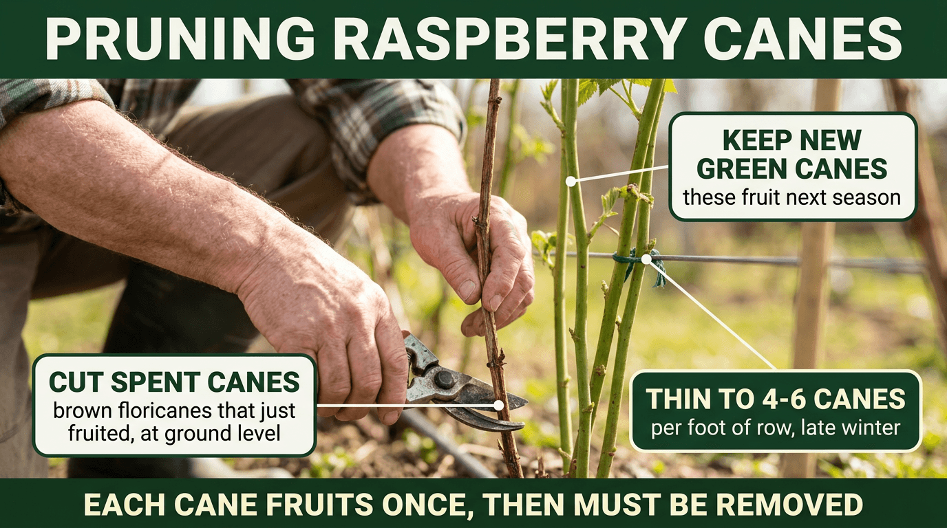 How to prune raspberry canes - cut spent canes, keep new green canes