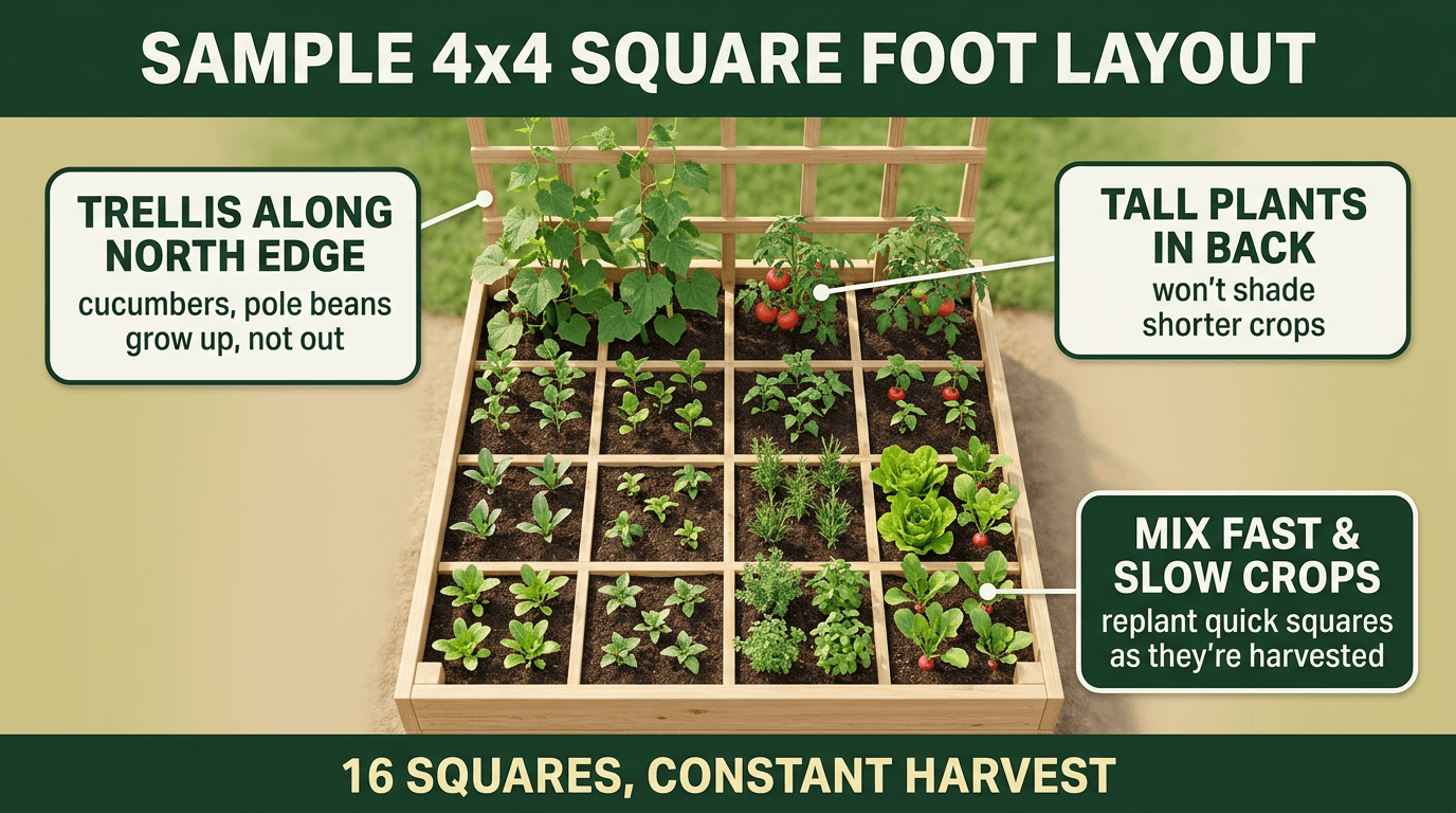 Sample 4x4 square foot garden layout with trellis and crop placement