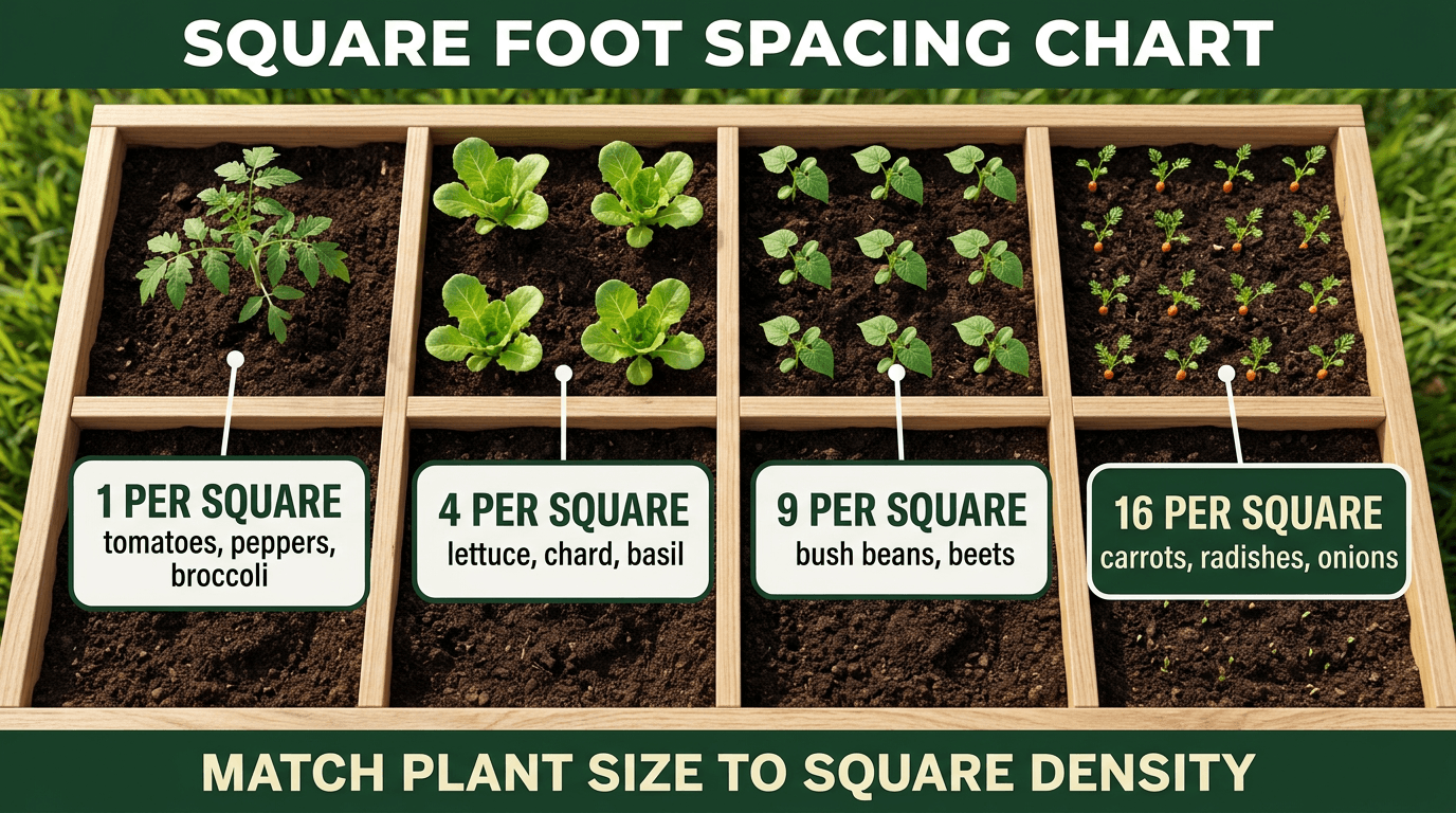 Square foot gardening spacing chart - 1, 4, 9, 16 plants per square