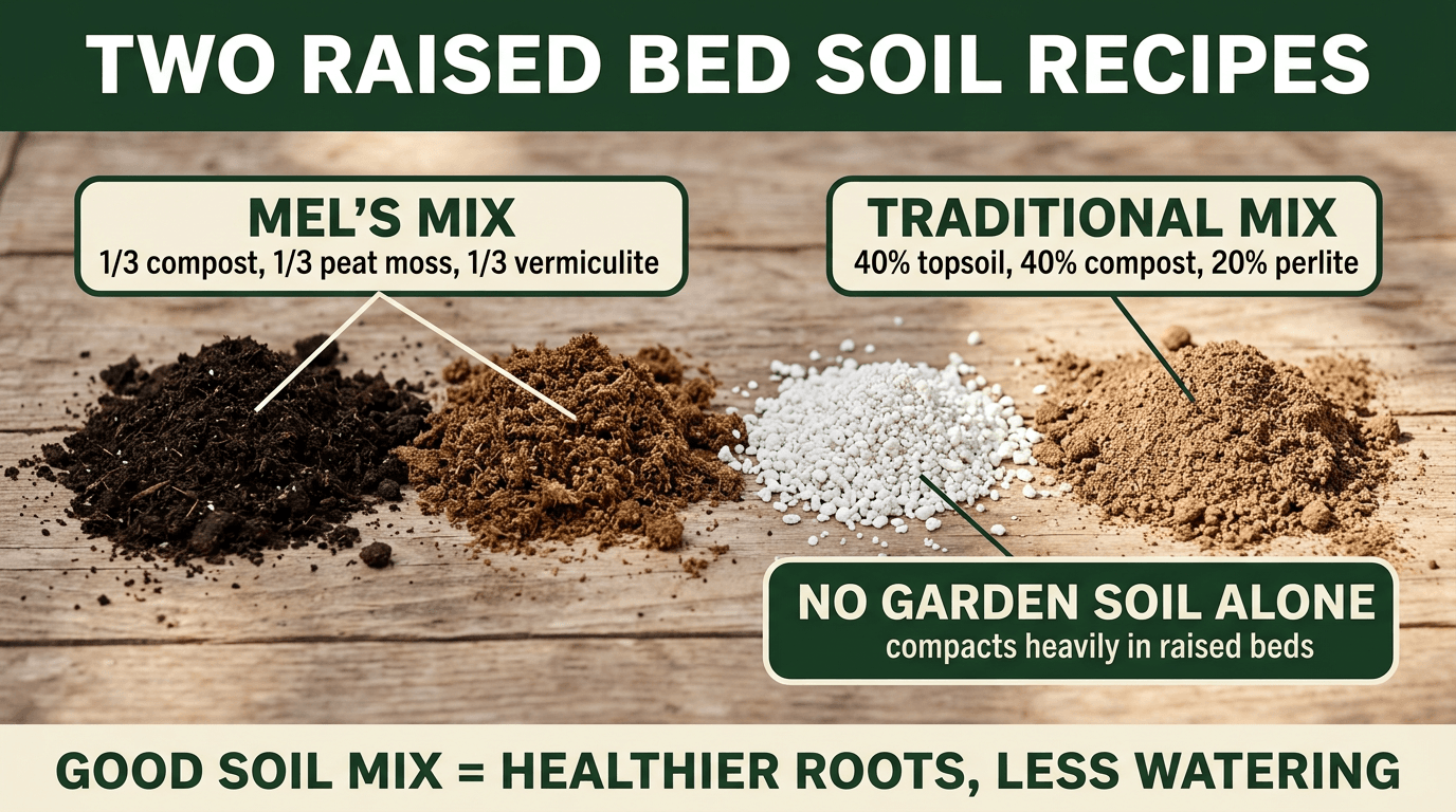 Two raised bed soil recipes - Mel's Mix and Traditional Mix