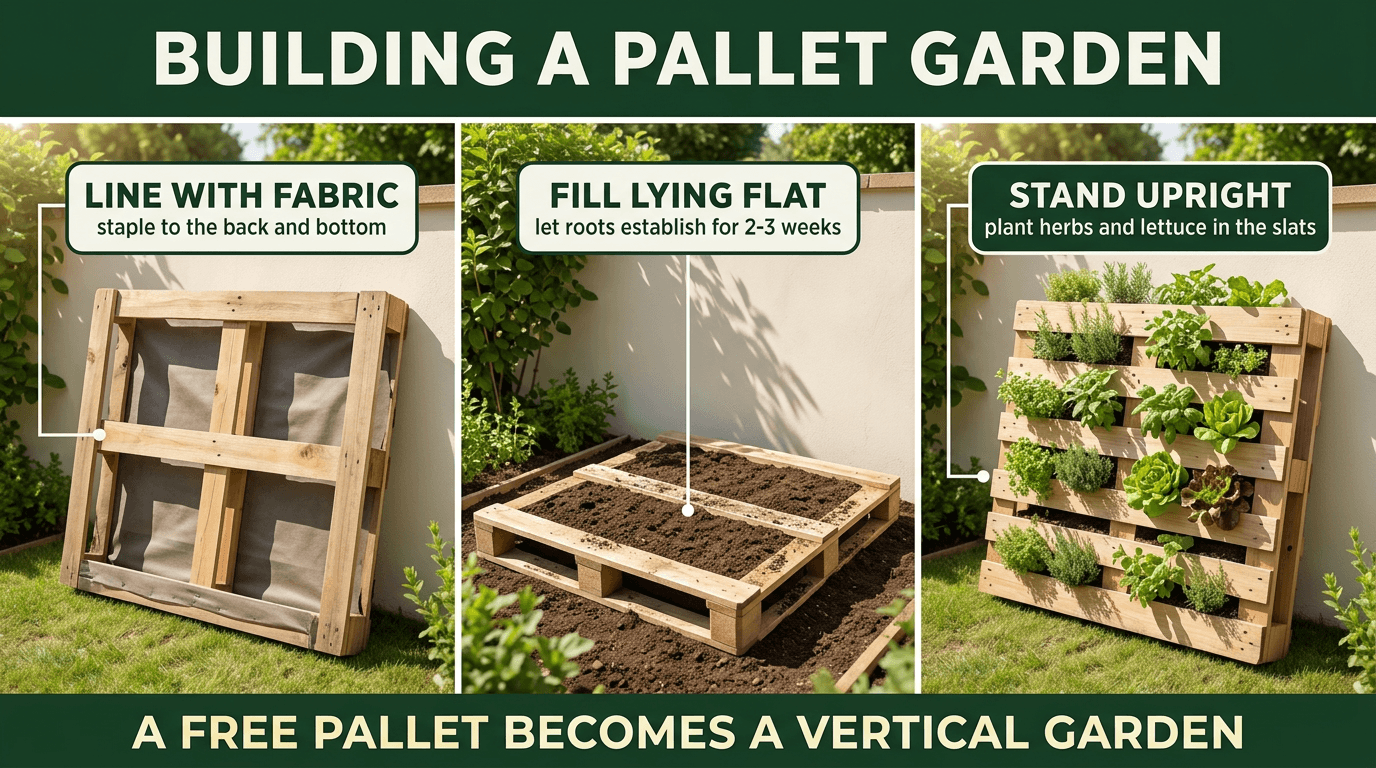 How to build a pallet garden - line, fill, stand upright