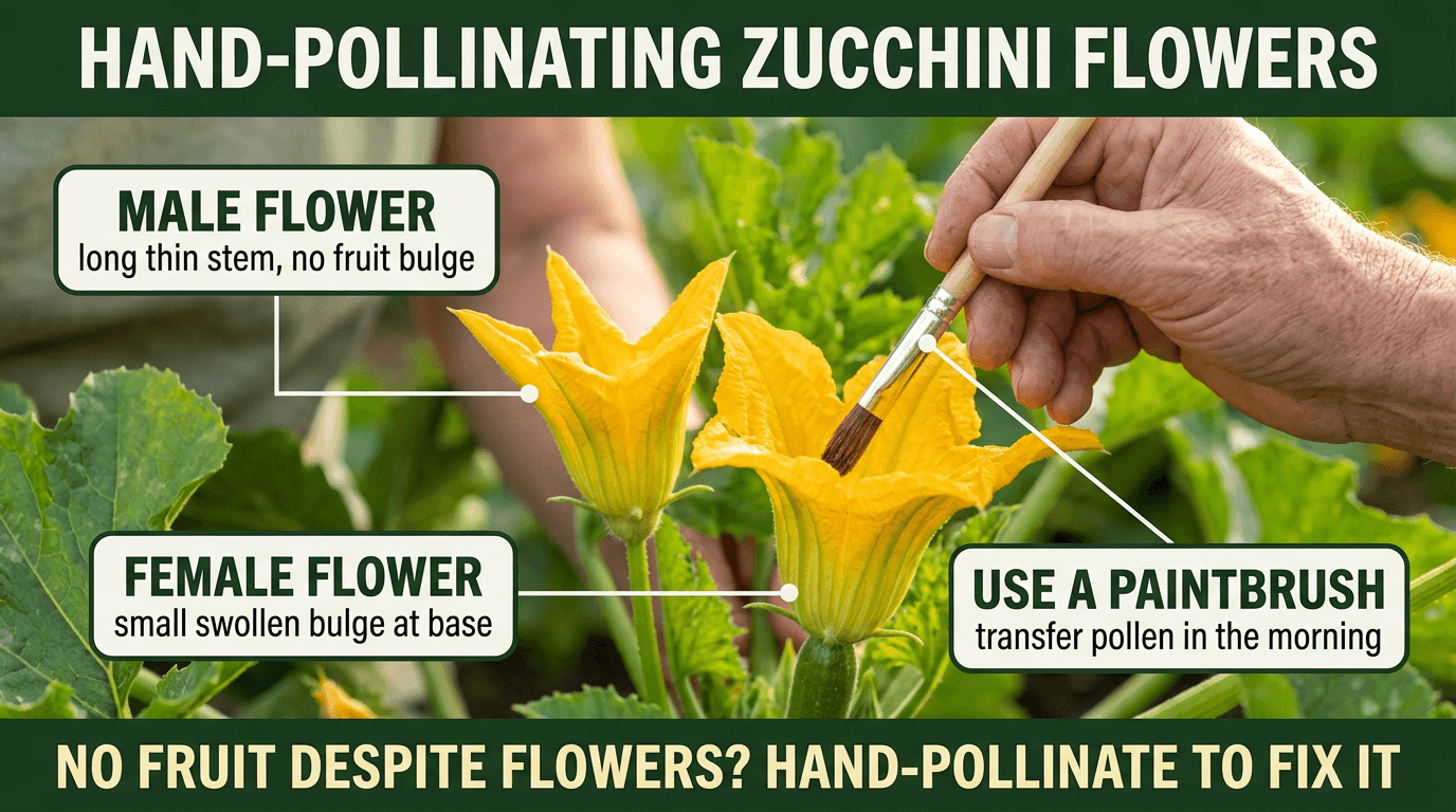 How to hand-pollinate zucchini flowers - male vs female flower