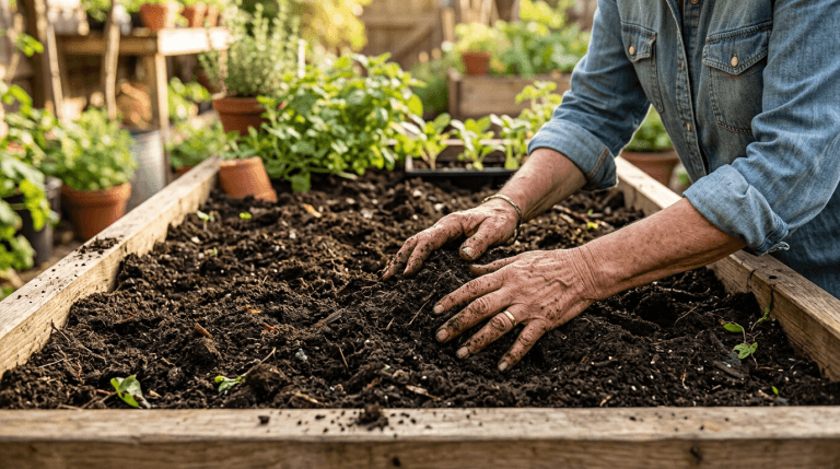Gardener working rich raised bed soil mix with hands