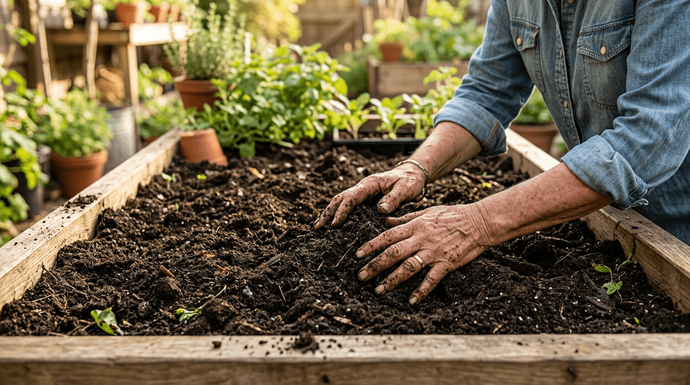 Gardener working rich raised bed soil mix with hands