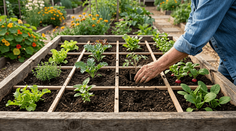 Gardener planting seedlings in a square foot garden grid