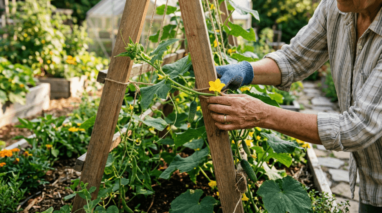 Gardener training cucumber vine up an A-frame trellis