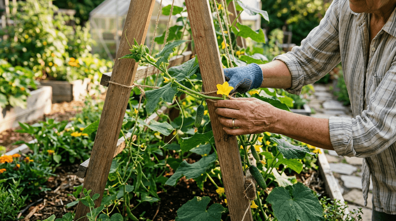 Gardener training cucumber vine up an A-frame trellis
