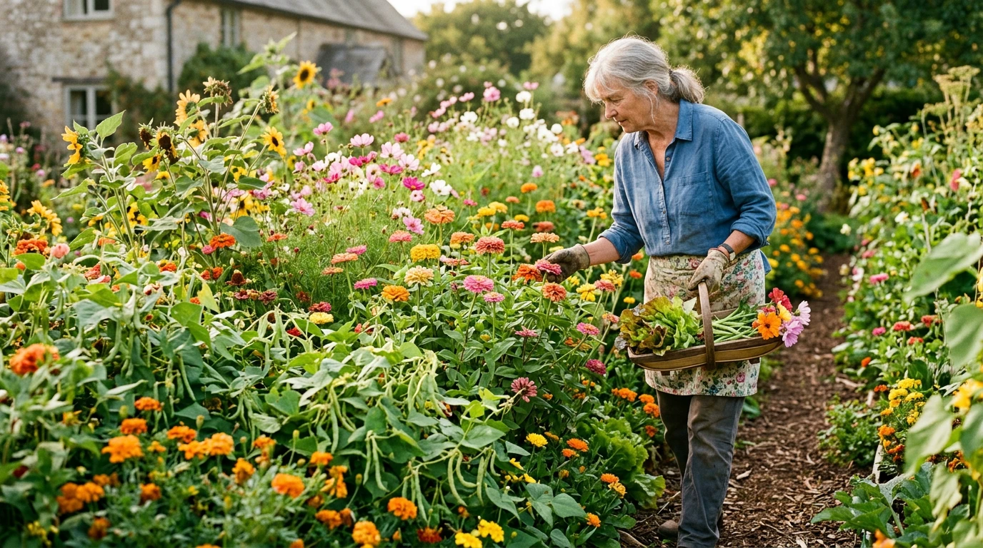 Gardener harvesting from a dense informal chaos garden bed of zinnias, sunflowers, and vegetables
